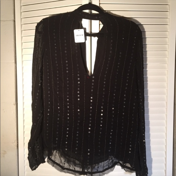 FREE PEOPLE BLACK BEADED LONG SLEEVE SWING BLOUSE - Picture 3 of 6